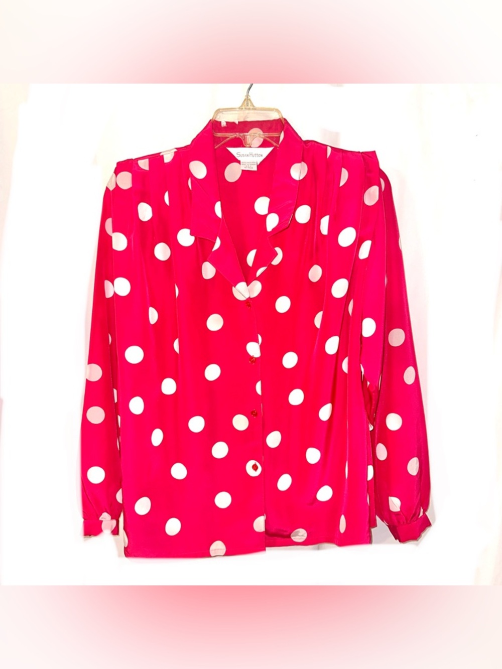 Vintage Susan Hutton Polka Dot Button-Down Blouse - Hot Pink/White Size 8
